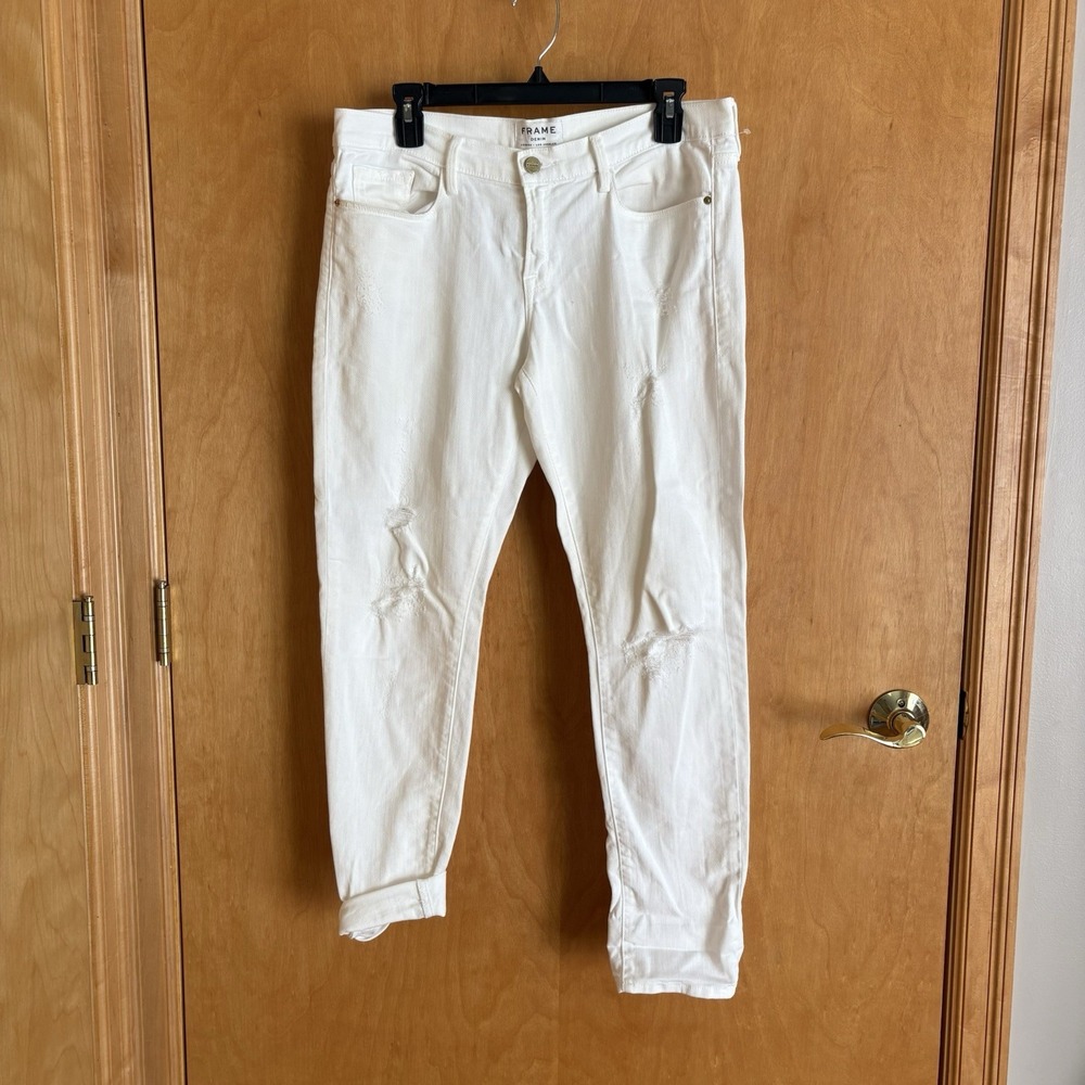Frame Le Garcon Jeans Womens 28 Ivory Linen Cotton Straight Leg Distressed‎
